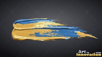 A thick stroke of wet gold and wet blue paint smears over a dark gray space