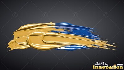 Against a dark gray backdrop, a thick stroke of glossy gold and blue paint