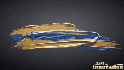 Sweeping across a dark background, a thick stroke of glossy gold and wet blue paint