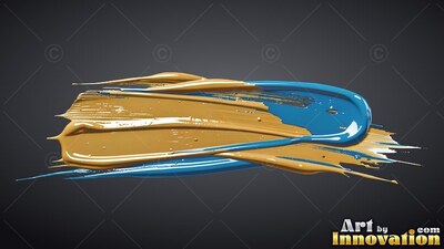 Thick glossy gold and bright blue sweeps of paint smear over a dark gray backdrop