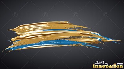 Thick gold paint sweeps sideways, blended with blue streaks under bright white highlights