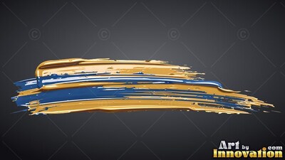 Swept horizontally across dark gray, a thick blue and gold paint stroke stretches out