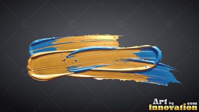 Against a gray background, broad gold and glossy blue paint smears horizontally across