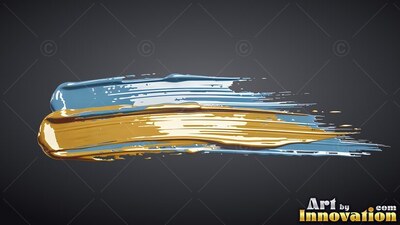 Sweeping across dark space, heavy gold paint layers over glossy light blue brushstrokes