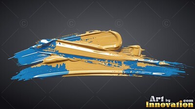 Glossy gold and deep blue paint smeared in thick horizontal strokes on dark gray