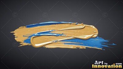 Deep gold paint smears over blue brushstrokes against dark gray with bright white highlights