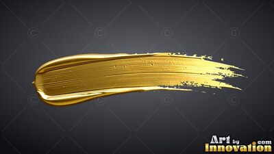 Against a dark background, a thick stroke of shiny yellow-gold paint sweeps to the right