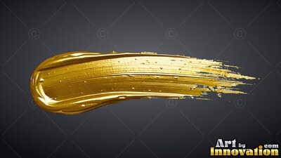 Ridges and tiny bubbles mark a broad gold paint stroke against dark gray