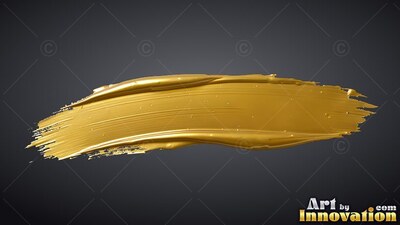 A thick wet gold paint stroke sweeps across dark gray with smooth highlights along the edges