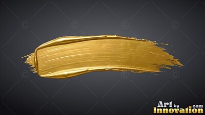 Swept horizontally on a dark gray field, a thick glossy gold paint smear shines