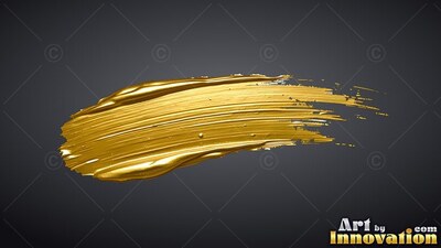 On a plain dark gray background, a thick stroke of wet yellow-gold paint sweeps across