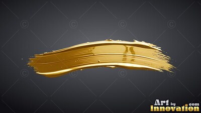 Curving across a dark gray backdrop, a thick smear of glossy yellow-gold paint trails thin bristles