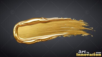 A thick smear of shiny metallic gold paint on a plain dark gray background