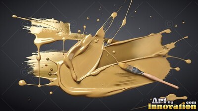 Glossy swirls of thick metallic gold paint splash beside a small brush against a charcoal background