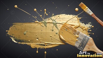 Angled across dark space, gold paint spreads from two flat brushes
