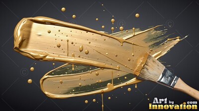 Against a dark backdrop, a brush spreads thick strokes of shiny glossy gold paint