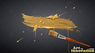 Sweeping across a dark background, a thick metallic gold paint stroke drips below a flat brush