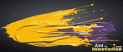 A thick ridge of yellow paint sweeps across purple streaks on dark gray