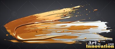 Yellow-gold paint sweeps across dark space, reflecting bright white highlights on glossy ridges