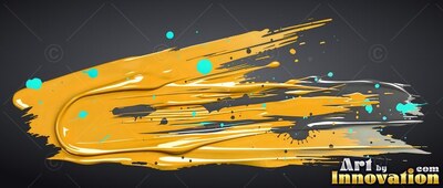 Streaking horizontally across a black background, thick yellow paint sweeps to the right