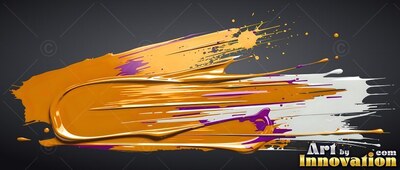 A broad sweep of thick yellow-gold paint with purple and white splashes on dark gray background