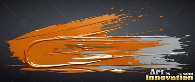 On dark gray, a thick smear of glossy orange paint sweeps to the right