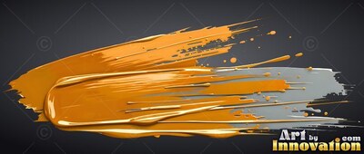 Thick yellow paint ridges sweep across a gray brush stroke over a black background