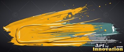Thick yellow paint smears across teal streaks with bright white highlights
