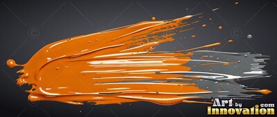 Sweeping sideways across dark gray space, wet orange paint streaks horizontally