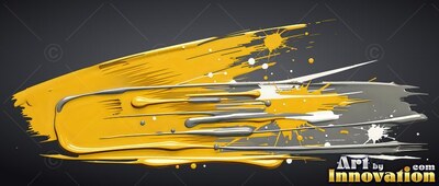 Thick yellow and gray paint brushed across a deep gray background with small splatters