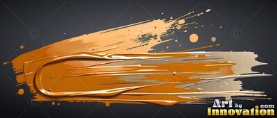 On a dark gray backdrop, a glossy gold paint stroke sweeps across with splatters