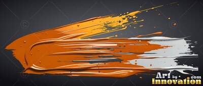 Sweeping across a dark background, a thick smear of orange and white paint splashes outward