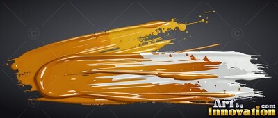 Thick yellow and white paint brushstrokes over a dark gray background