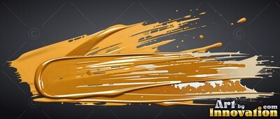 A thick yellow-gold paint stroke sweeps across black with glossy white highlights