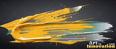 Sweeping horizontally across dark gray, a thick yellow paint stroke splatters