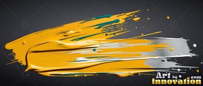 On a dark gray background, a thick sweep of yellow paint blends with silver