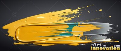 Streaking horizontally, glossy yellow paint sweeps across a black background