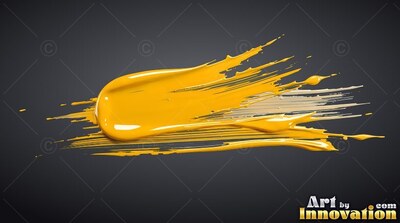 A yellow paint stroke sweeps sideways with wet highlights over dark gray
