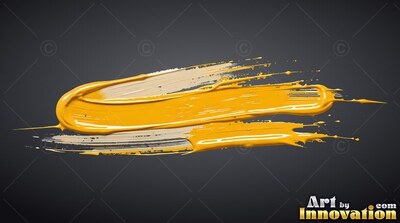 Stretched horizontally against black, thick yellow fluid smears smoothly