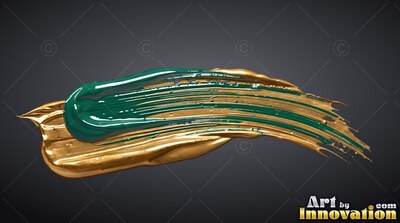 Thick green paint smeared across a wet gold brushstroke over dark gray
