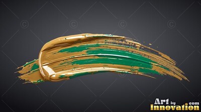 Against a gray backdrop, a thick brushstroke blends glossy gold and green paint
