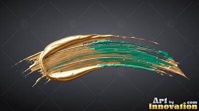 Curving over a dark gray backdrop, a thick stroke of gold and green paint blends together