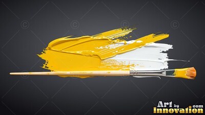 A paintbrush lies over yellow and white wet streaks of paint