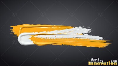 Thick yellow and white brushstrokes sweep sideways across a dark gray backdrop