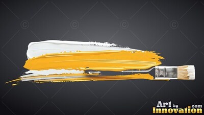 A paint brush drags thick yellow and white paint over dark gray surface
