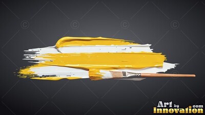 Lying flat on dark gray, thick yellow and white paint marks sit beside a paintbrush