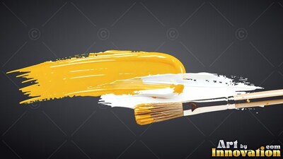 A paintbrush lies beside thick strokes of yellow and white paint on gray