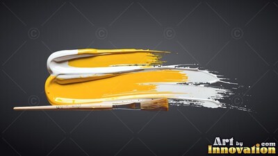 Sweeping across a shadowed background, thick yellow and white paint rests by a brush