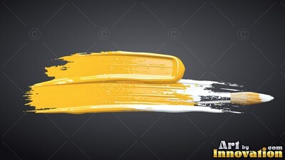 A paintbrush sweeps thick yellow and white paint across a dark gray surface, catching soft overhead light