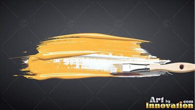 Laid horizontally on a deep gray background, a brush spreads yellow paint across white streaks